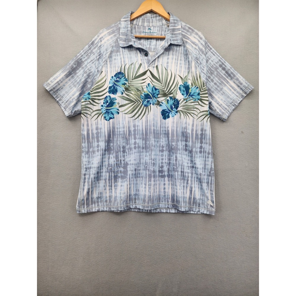 Tommy Bahama IslandZone Polo Shirt Mens XL Blue Hibiscus Floral Tie Dye UPF 30
